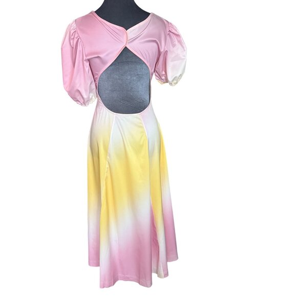 Pastel Pink & Yellow Gradient Puff Sleeve Midi Dress With Open Back Design & But - Picture 5 of 6